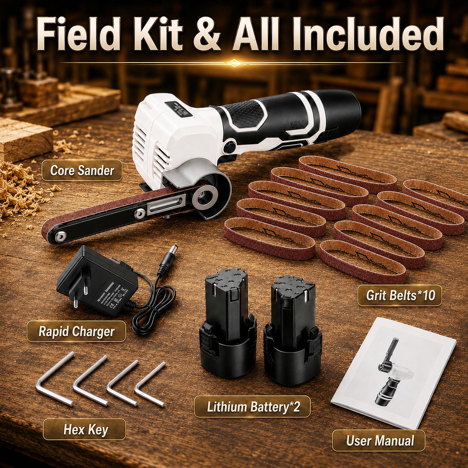 12V Akku Bandschleifer Set mit 2x 2,0Ah Akku, Bandfeile, 10 Bänder