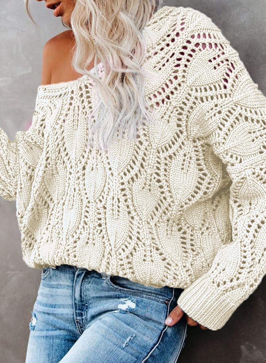 Dokotoo Women's Fall Sweaters V Neck Crochet Hollow Out 2025 Trendy Casual Winter Pullover Sweaters - Image 3