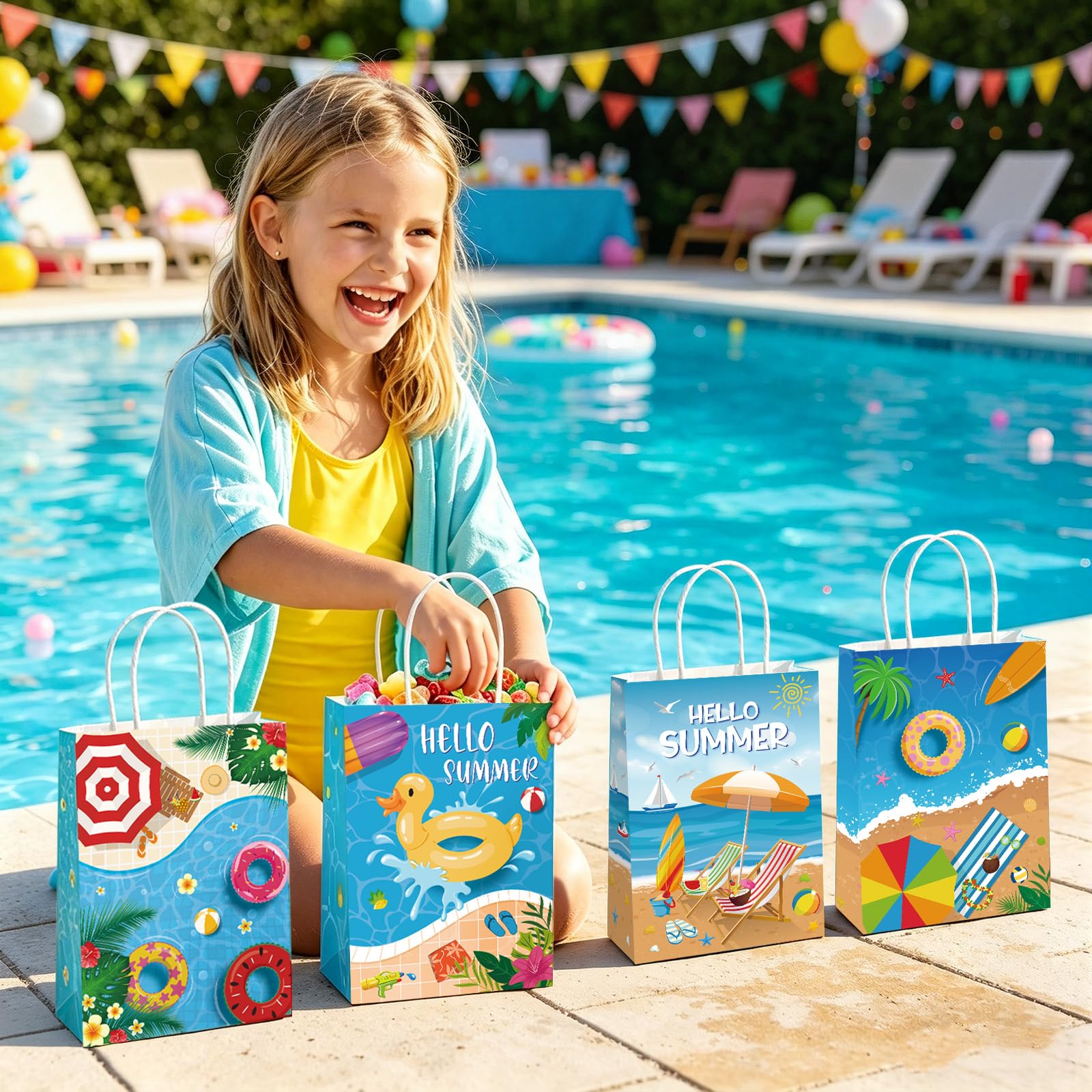 Lemicin 12 Pcs Summer Goodie Bags Pool Party Favor Bags Treat Candy Snack Bag Paper Beach Gift Bags with Handles for Hawaiian Luau Birthday Baby Shower Hello Summer Pool Holiday Party Supplies