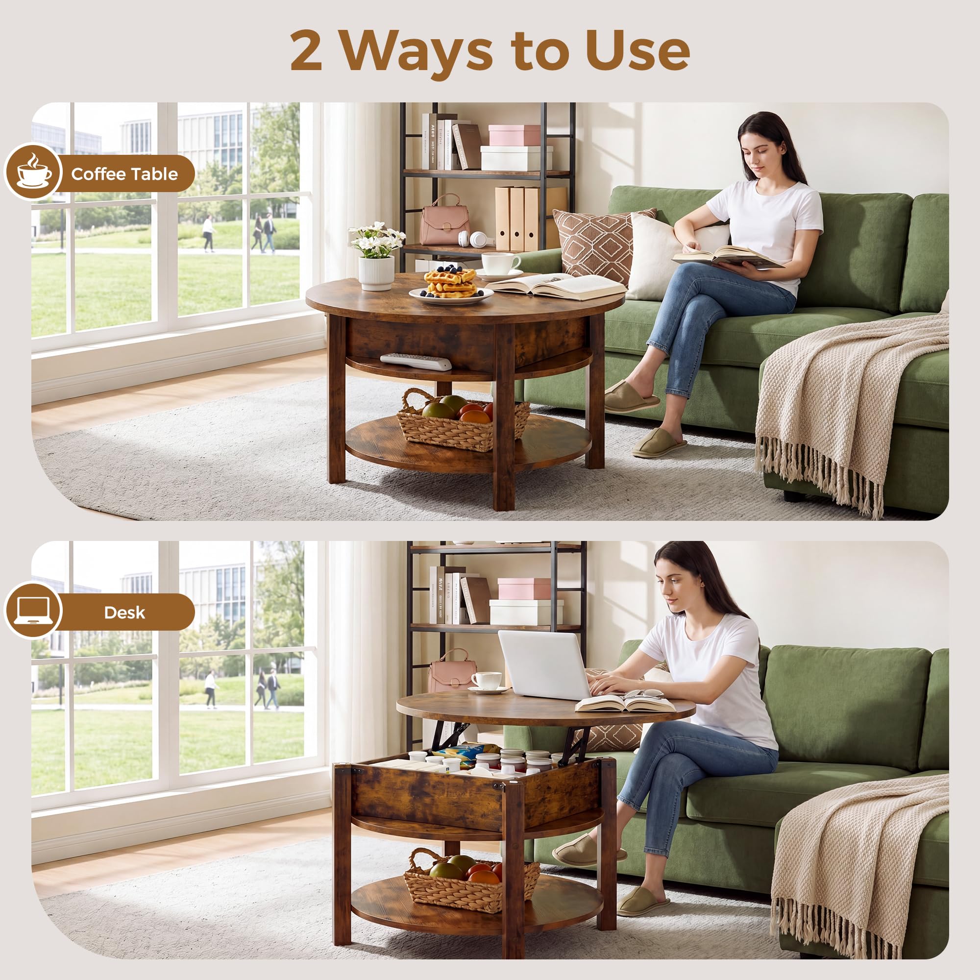 ELUCHANG Table Basse avec Rangement Caché RondeTable Basse Plateau Relevable 2 en 1 pour Salon et Bureau, Forte Charge Portante, 80x80cm, Marron Rustique