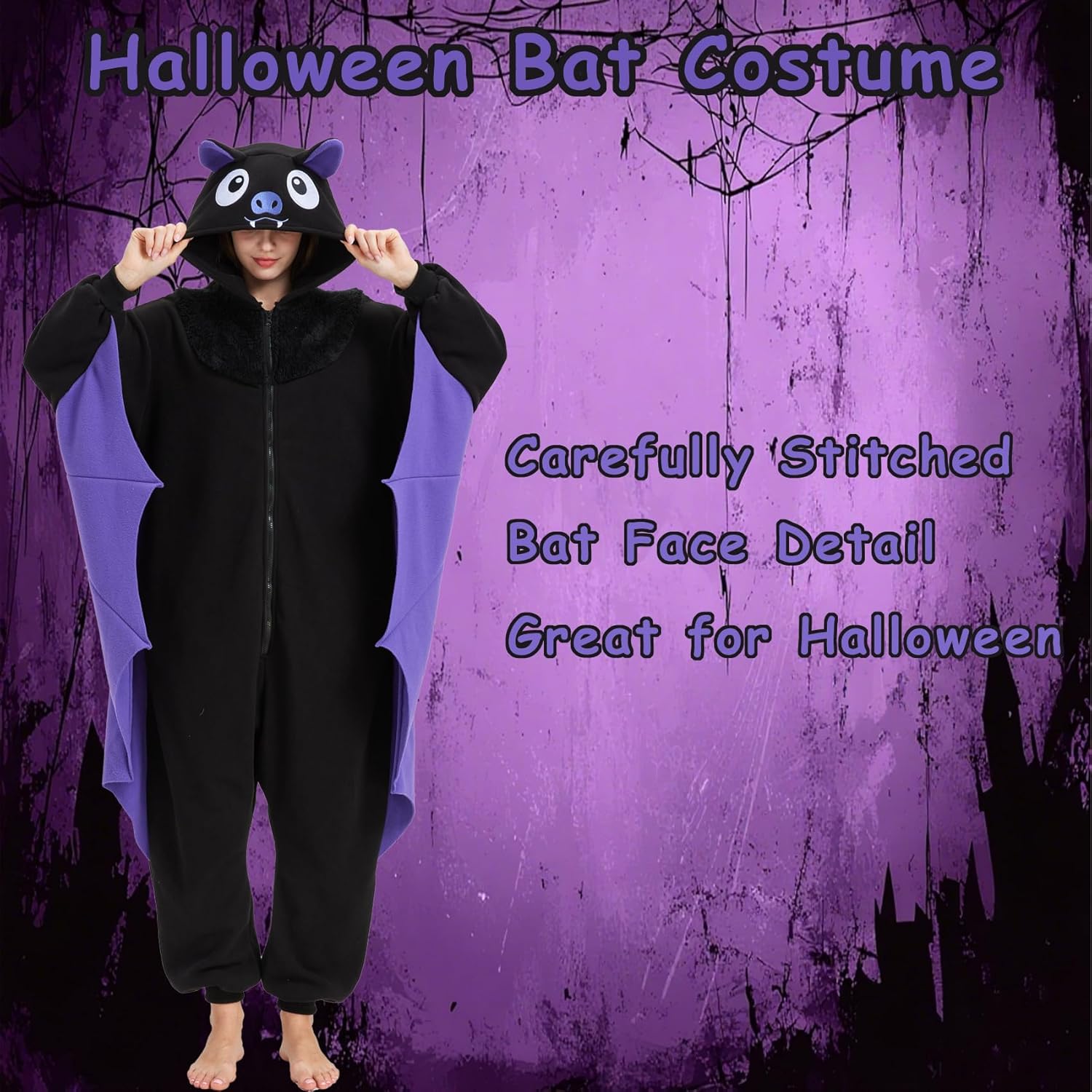 Adult Bat Onesie Costume with Wings Halloween Animal Cosplay One-Piece Pajamas for Women and Men - Image 2