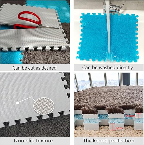 Miniatura 4 de Tapete de espuma de felpa gruesa entrelazada de 20 piezas, azulejos cuadrados esponjosos de espuma con bordes, tapete de juego suave antideslizante
