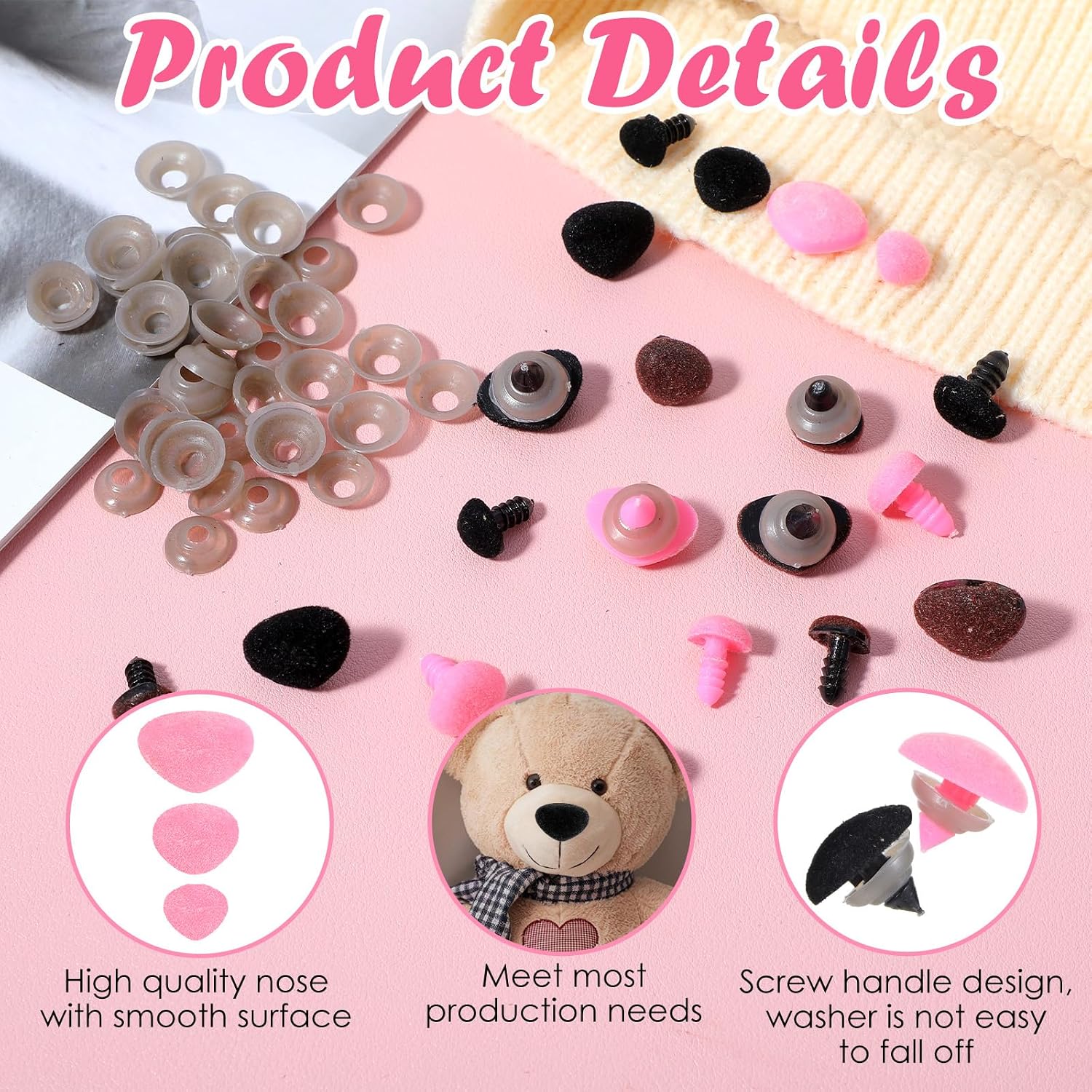 Ouligay 90 Pcs Safety Noses for Amigurumi 11mm 15mm 20mm Plastic Safety Noses Crochet Noses with Washers for Craft Doll Puppet Plush Toy Bear Accessories 3 Color