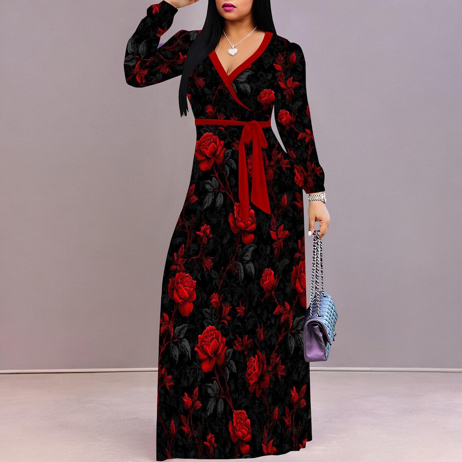 PinkPatty Women's Long Sleeve Maxi Dress Plus Size Casual V Neck Wrap Dress with Pockets&Belt S - Image 5