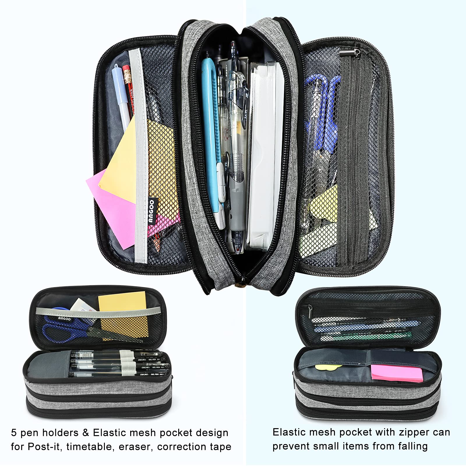 GREATRICH Federmäppchen Schwarz 23x16x7cm - Großes Schlampermäppchen Mit 3 Fächern Aus Polyester