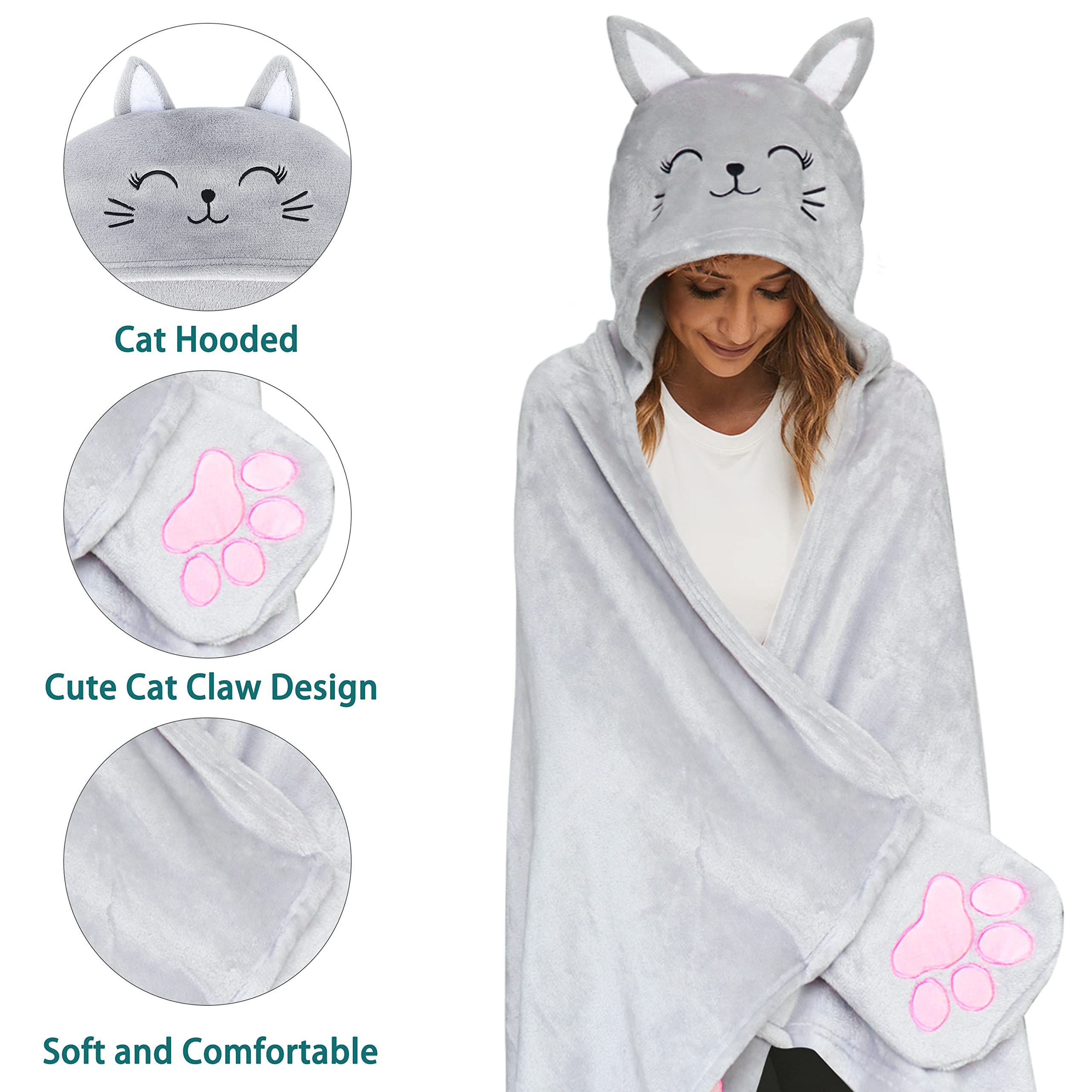 Shoppawhile Coperta con Maniche e Cappuccio Regali per Amanti dei Gatti Flanella Plaid con Maniche 130×150 cm Regalo Donna Compleanno Natale Divertente Coperta Gatto Indossabile