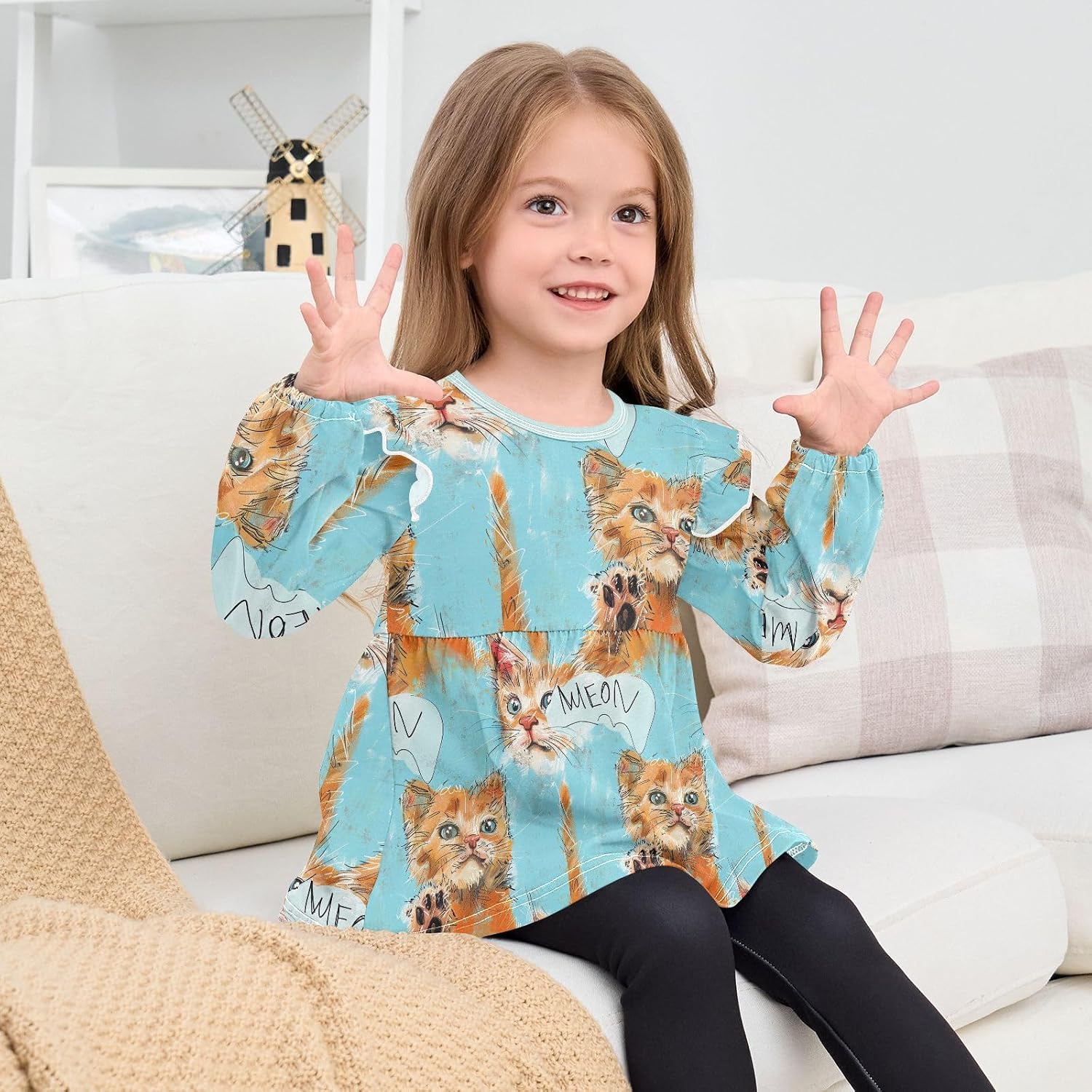 visesunny Toddler Clothes for Girls Cat Cute Long Sleeve Fall Shirts Cotton Top with Ruffle Collar