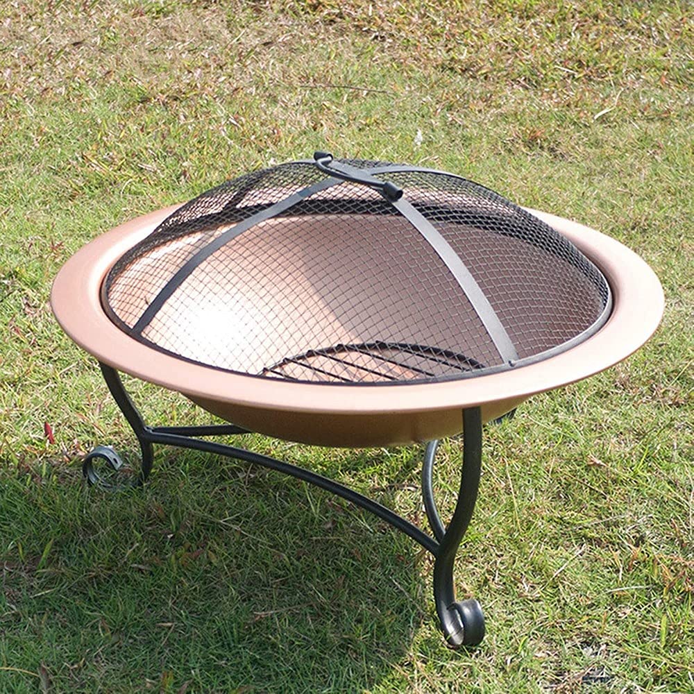 Outdoor fire pit, Outdoor Fire Pit Bowl, Round Fire Pit Wood Burning, Patio Firebowl with Spark Screen - 20 Inch Fire Bowl with Metal Tripod, Rose Gold Color