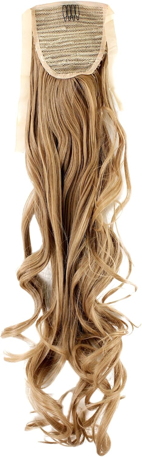 Hairpiece PONYTAIL (comb & ribbon wrap-around system) extension pigtail very long (24 inches) slightly CURLED wavy DARK BLOND YZF-1094HT-18 - Image 3