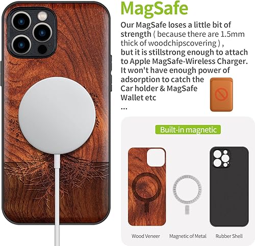 Miniatura 5 de Carveit Funda magnética de madera para iPhone 12 Pro madera real dura y TPU suave negro a prueba de golpes, funda protectora única y elegante de