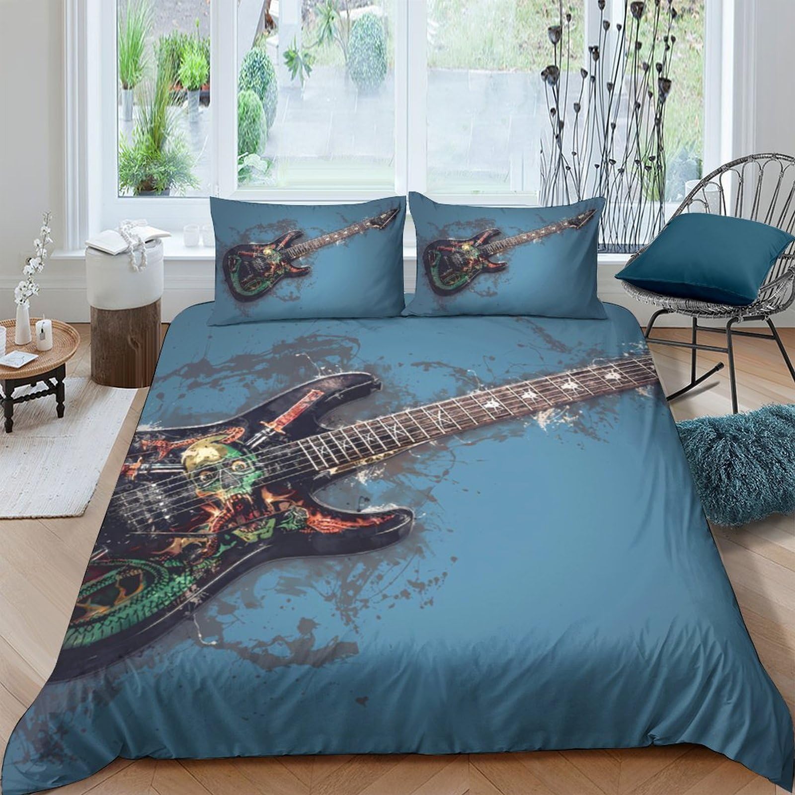 Ctjqhvkz Style-2 3D Printed Electric Guitar Fitted Sheet Microfiber Blue Artistic Bed Cover For Bedroom Dorm Mattress Decoration Single（135X200cm）