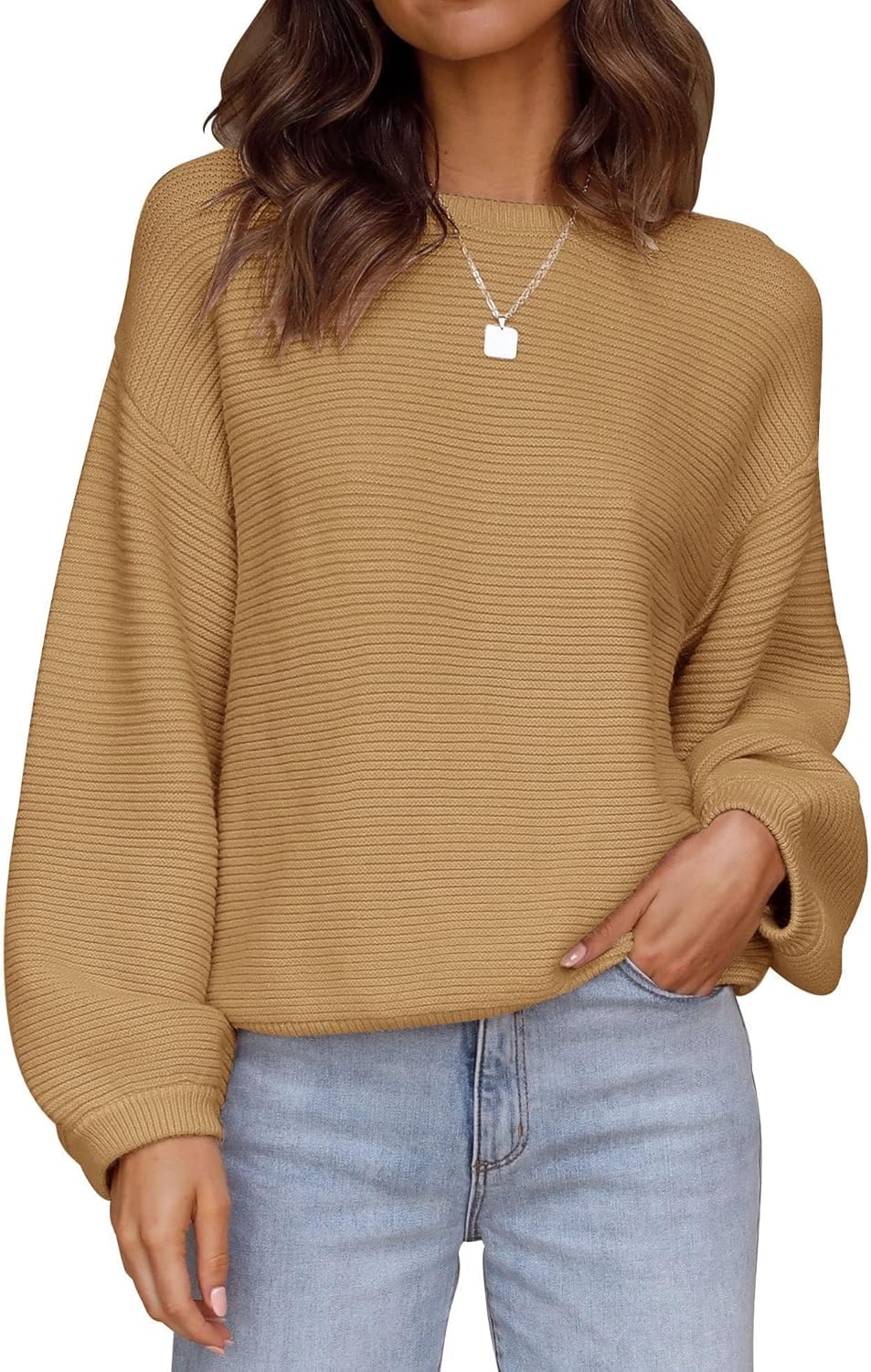 ZESICA Women's Crew Neck Long Lantern Sleeve Fall 2025 Casual Loose Ribbed Knit Solid Soft Pullover Sweater Tops