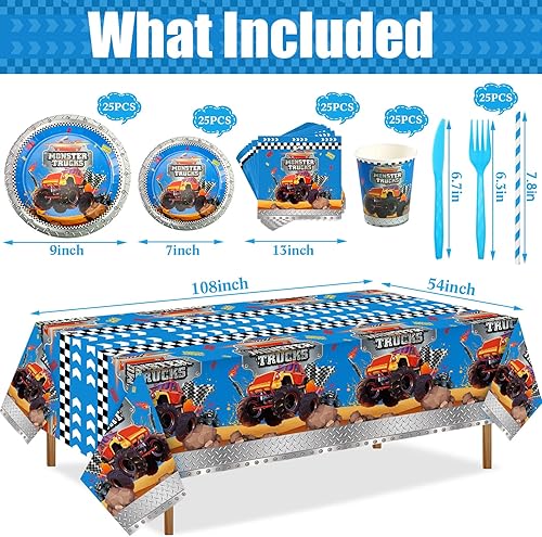 Miniatura 9 de Buryeah Juego de vajilla de 176 piezas de suministros para fiesta de camión, incluye mantel de camión, cubierta de mesas de fiesta, platos de papel,