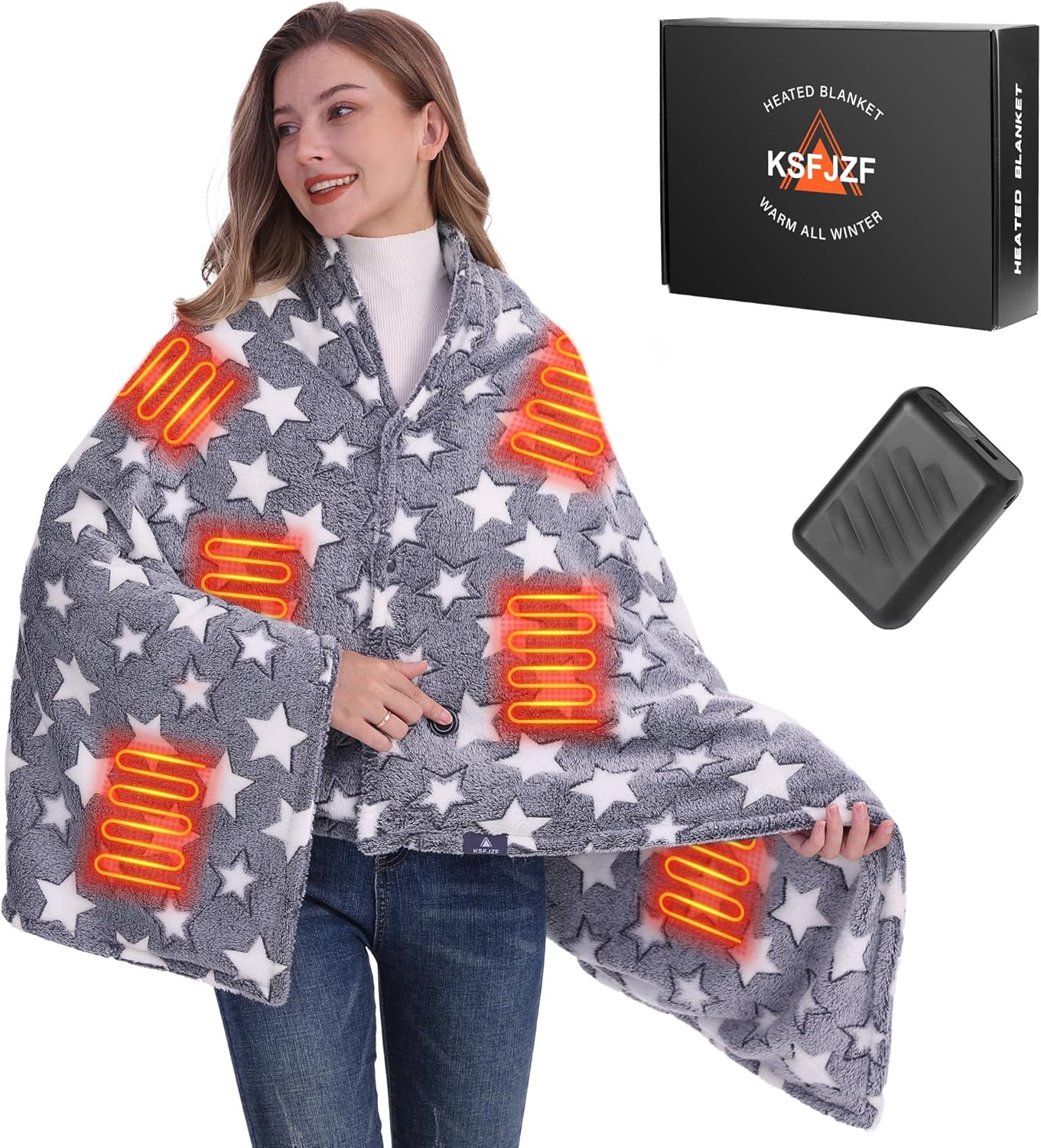 KSFJZF Heated Blanket, Cordless Portable Heated Throw Blanket, Battery Operated Heating Blanket with Rechargeable 20000mAh Power Bank, 59" x 35.5" Electric Heated Shawl, 3​​ Fast-Heating Levels (Blue)