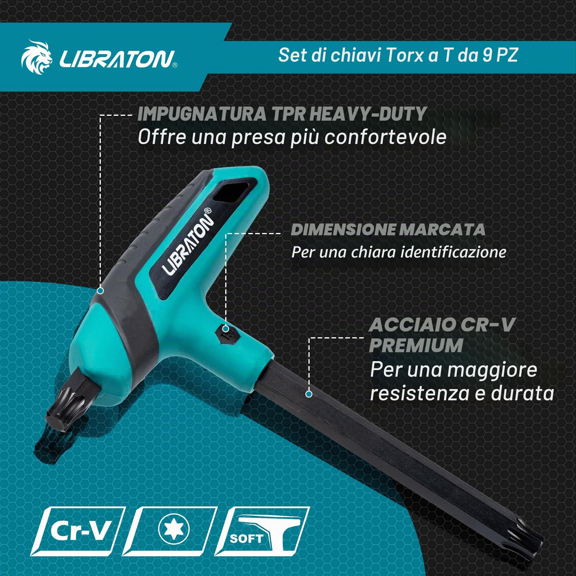 LIBRATON Set di chiavi Torx con manico a T, T10-T50, chiave a stella con impugnatura a T, design a due punte per viti Torx, set da 9 pezzi per fai da te, strumento di riparazione bici automatica con