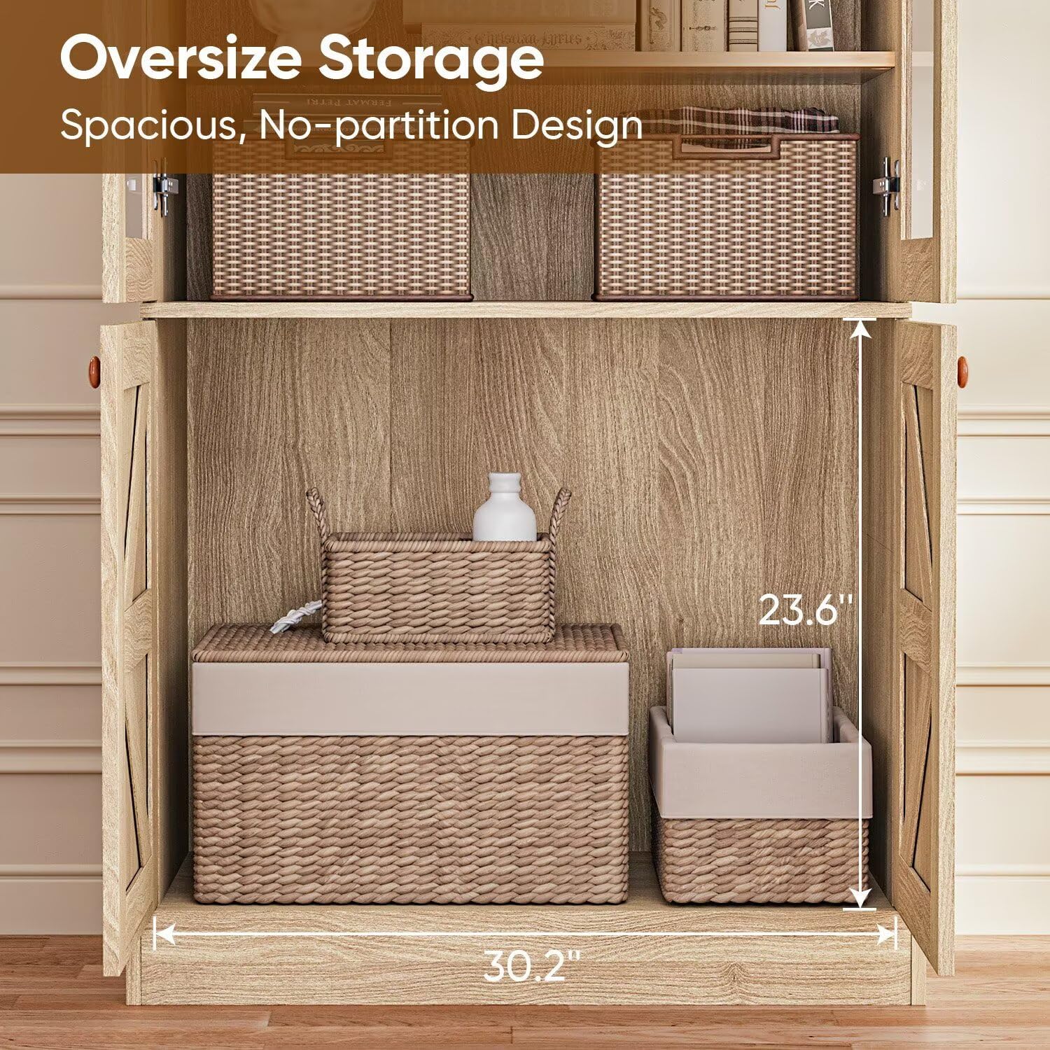 71" Tall Kitchen Pantry Cabinet, Rustic Farmhouse Storage Hutch with Glass Doors & Adjustable Shelves, Freestanding Wood Buffet Cabinet for Dining Room, Living Room, Brown (Set of 4)