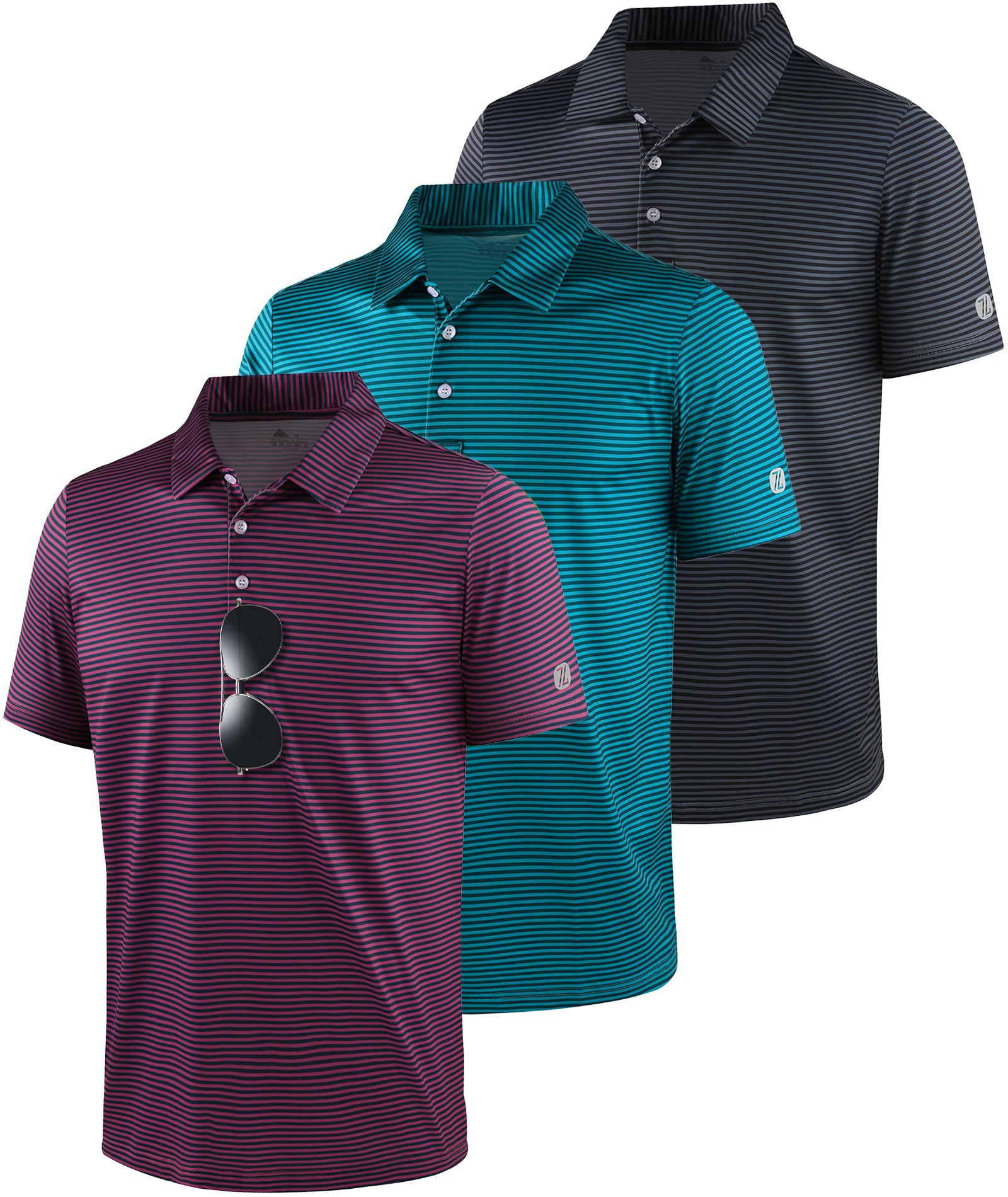 3 Pack Golf Shirts for Men Short Sleeve UPF 50+ Performance Moisture Wicking Casual Striped Collared Polo Shirts