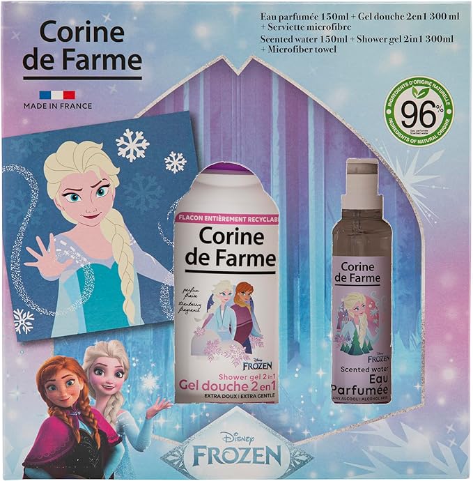 Corine de Farme - Coffret Frozen : Eau Parfumée 150ml + Gel Douche 2en1 300ml + Serviette Microfibre - Parfum Fruité et Fraise - 96% Naturel - Dès 3 Ans