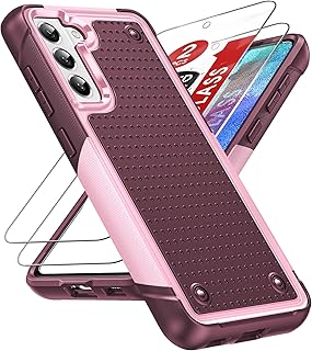 Capa Samsung Galaxy S22 (inclui 2 peças proteção de tela temperada), capa rígida camada dupla com textura PC e para choque macio para Samsung Galaxy S22 -Rosa vermelha