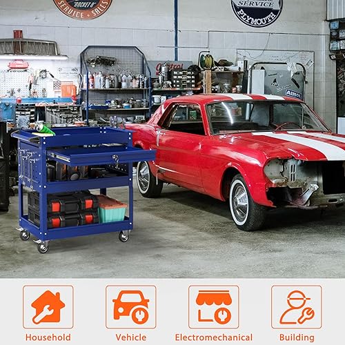 Miniatura 4 de Carrito de herramientas rodante de 3 niveles con cajones, carrito utilitario resistente sobre ruedas, carrito de servicio de gran capacidad de