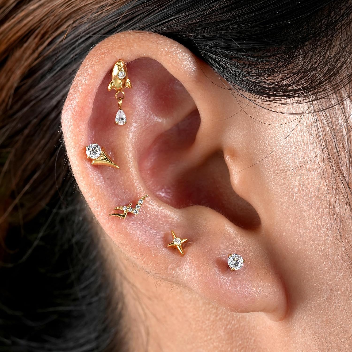 FINE4U 1PC ASTM F136 Titanium North Star Piercing Jewelry for Conch Helix Flat Tragus Lobe 16G 6mm 8mm