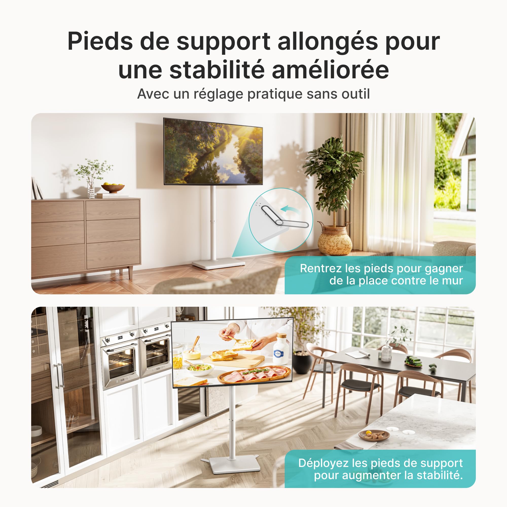 PEGZONE Support TV Pivotant sur Pied pour 24 à 65 Pouces, Blanc | Support TV Universel, Rotation 90°, Hauteur Réglable, VESA 400 × 400 mm, jusqu'à 40 kg, Gain de Place