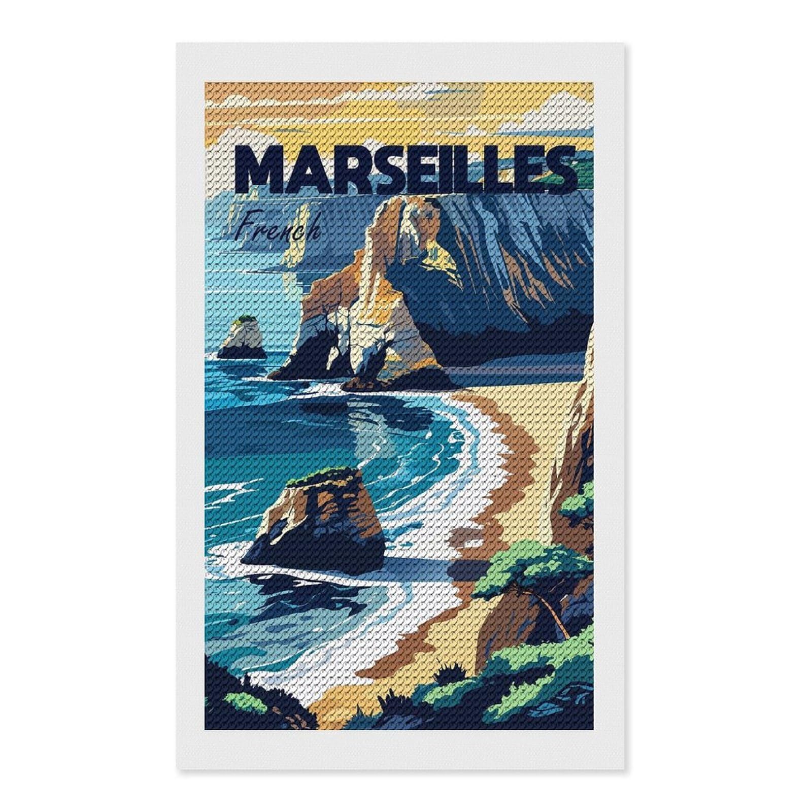 Junmoney Marseilles French Coastline Travel Round Drill Diamond Painting 12"x20", for Women, Relaxing DIY Hobby, Bedroom Decor, Christmas Gift, Adhesive Canvas