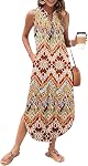 WNEEDU Women Summer Dress Maxi Casual Loose Beach Sundresses V Neck Sleeveless Dresses with Pockets