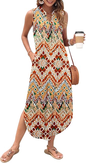 WNEEDU Women Summer Dress Maxi Casual Loose Beach Sundresses V Neck Sleeveless Dresses with Pockets