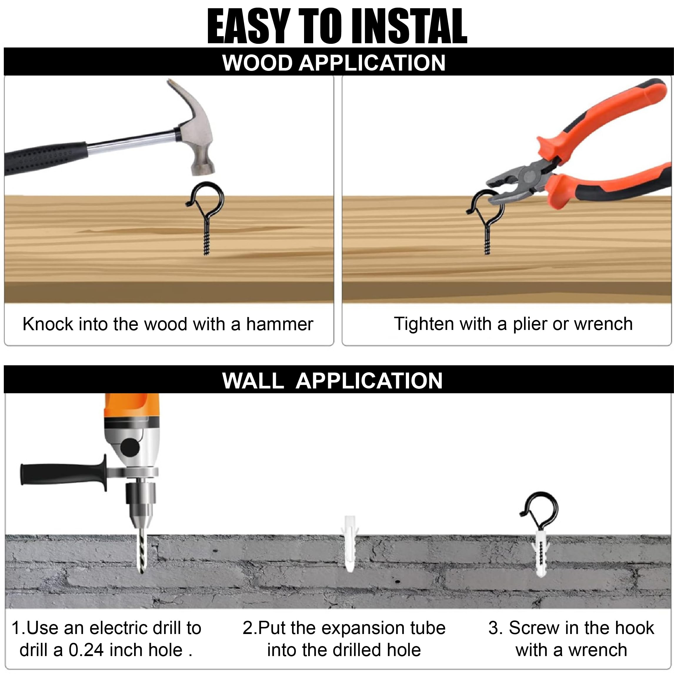Set Di 10 Ganci Avvitabili Neri Per Muro E Soffitto - Ganci Robusti Per Teloni, Specchi E Oggetti Leggeri - Foto 5