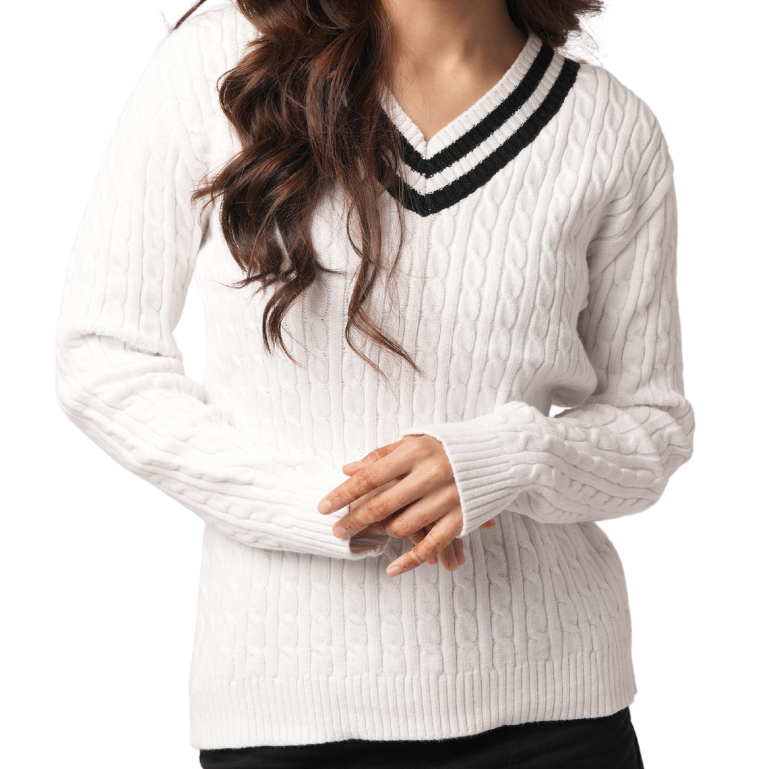 White Cable Knit V Neck Pullover Sweater for Women Long Sleeve Lightweight Knit Top for Business Casual
