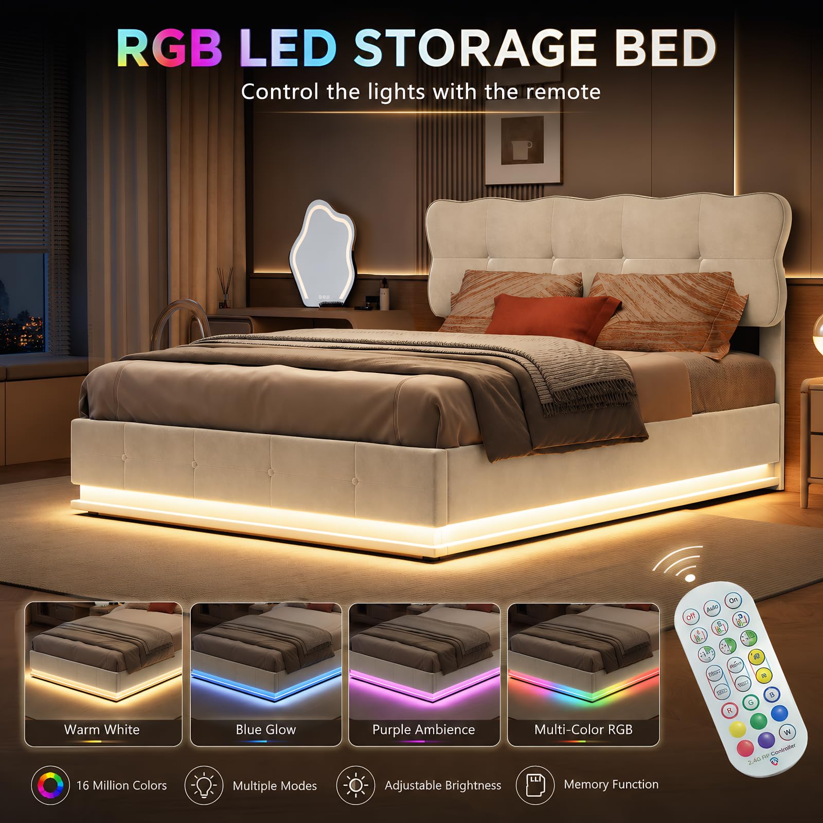 BRILVERDE Cama Tapizada 140x200 con Almacenamiento hidráulico, Cama matrimonial con Toma USB y luz LED, Cabecero Acolchado y Base de Láminas, Terciopelo (Beige, 140 x 200 cm)