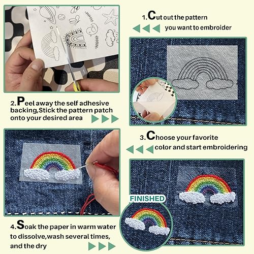 Miniatura 3 de 66Pcs Pegatinas de Bordado Stick & Stitch con estabilizador soluble en agua y estabilizadores desprendibles y patrones de flores para costura a mano