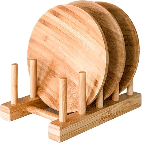 Miniatura 5 de KOZY - Escurridor de platos hecho a mano, soporte para platos de bambú natural, acabado de madera, sostiene platos, tazones, tazas, tazas y tabla de