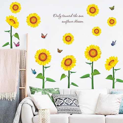 Miniatura 2 de Adhesivo de pared de girasol, diseño de flores y mariposas, calcomanías de pared para dormitorio, vinilo extraíble, decoración artística de vinilo