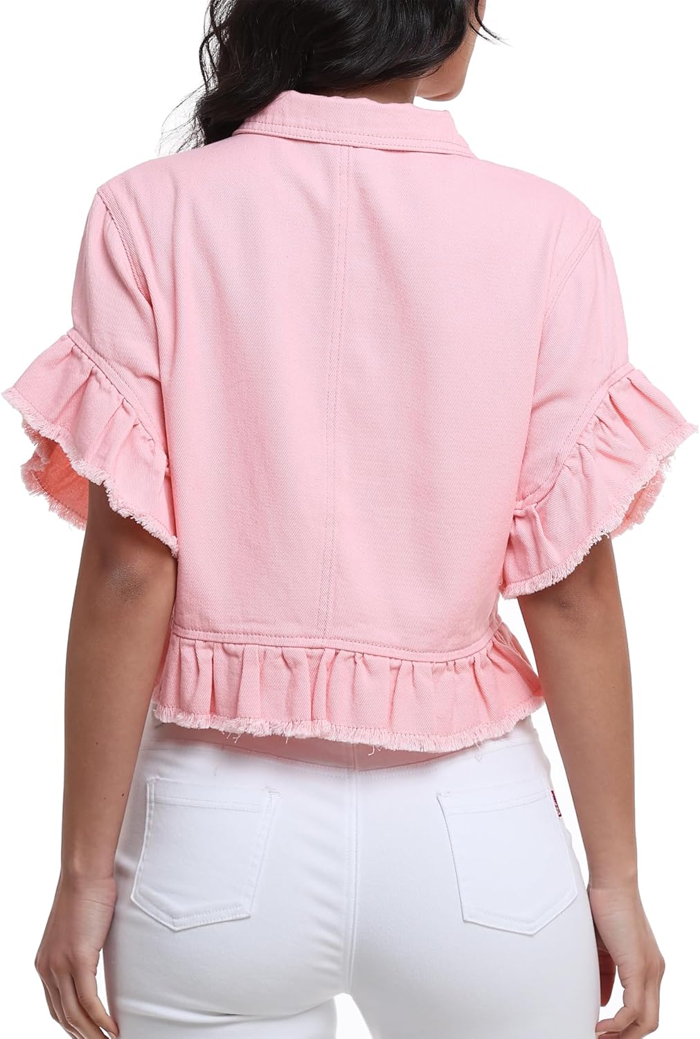 MISS MOLY Women's Denim Jacket Ruffle Sleeve Button Down Distressed Summer Cropped Jean Jackets - Image 6