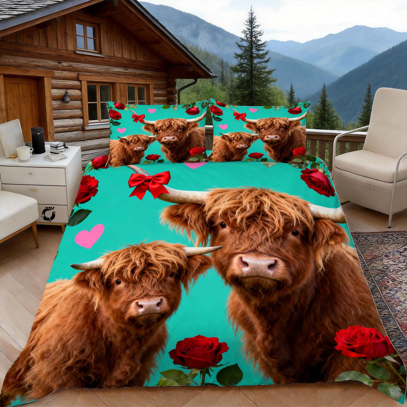 Housse de couette vache des Highlands 140x200 cm rose avec 2 taies