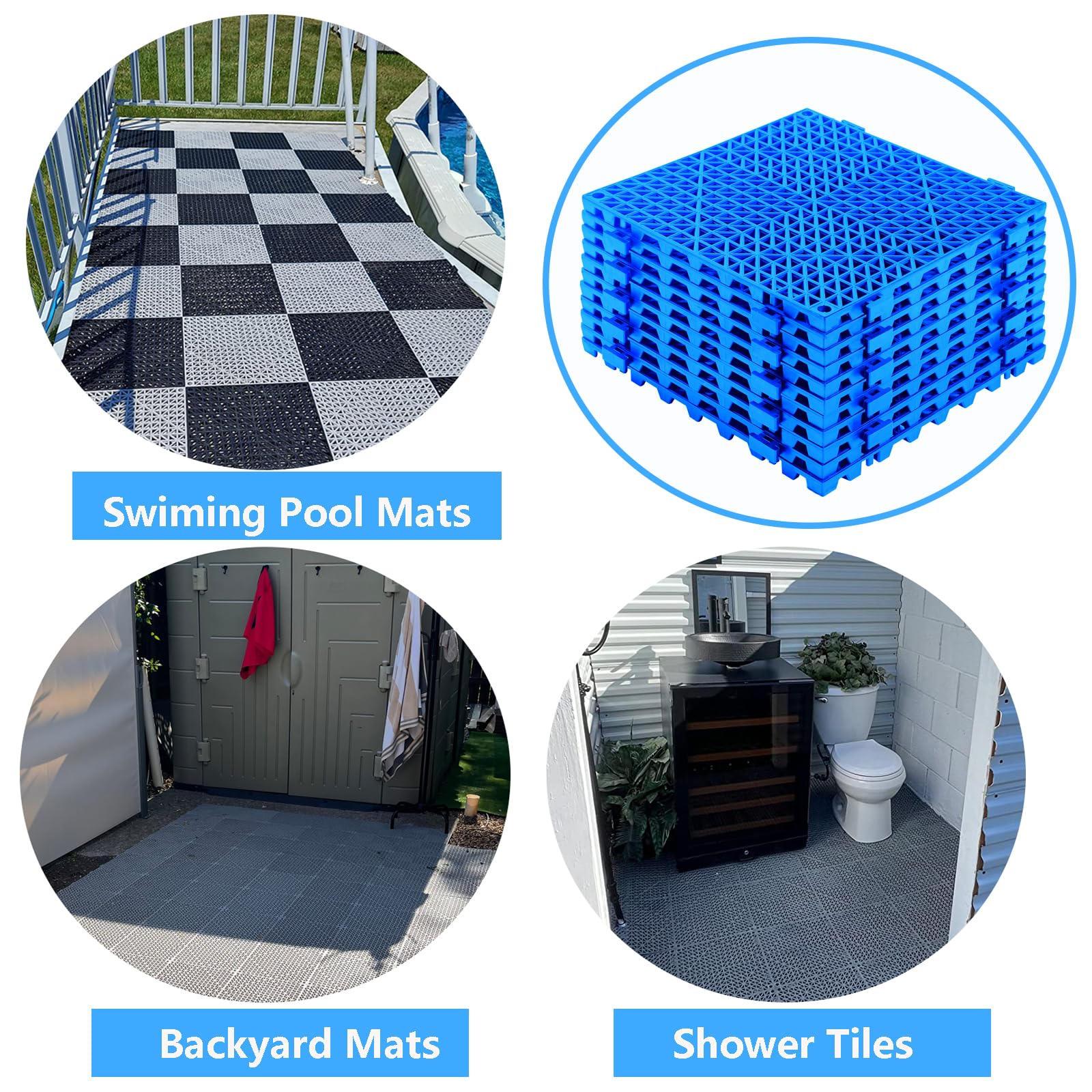 Lot de 8 dalles de sol emboîtables pour drainage de piscine, tapis de sol en PVC souple avec trous pour douche, sous-sol, garage, abri de jardin - Bleu