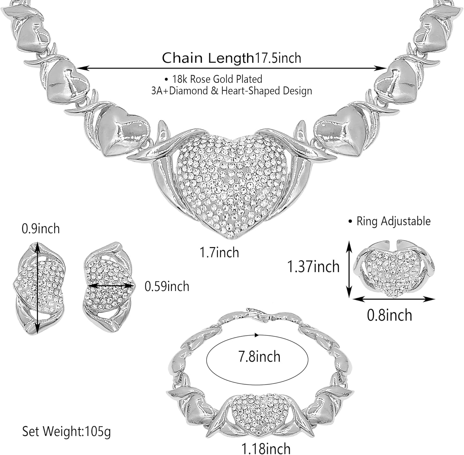 Gold Jewelry Set 18K Gold Accessories for Women Jewelry Set Wedding Bridal Fashion Jewelry Sets Women Accessories Bracelets Earrings and Rings Sweetheart Gifts