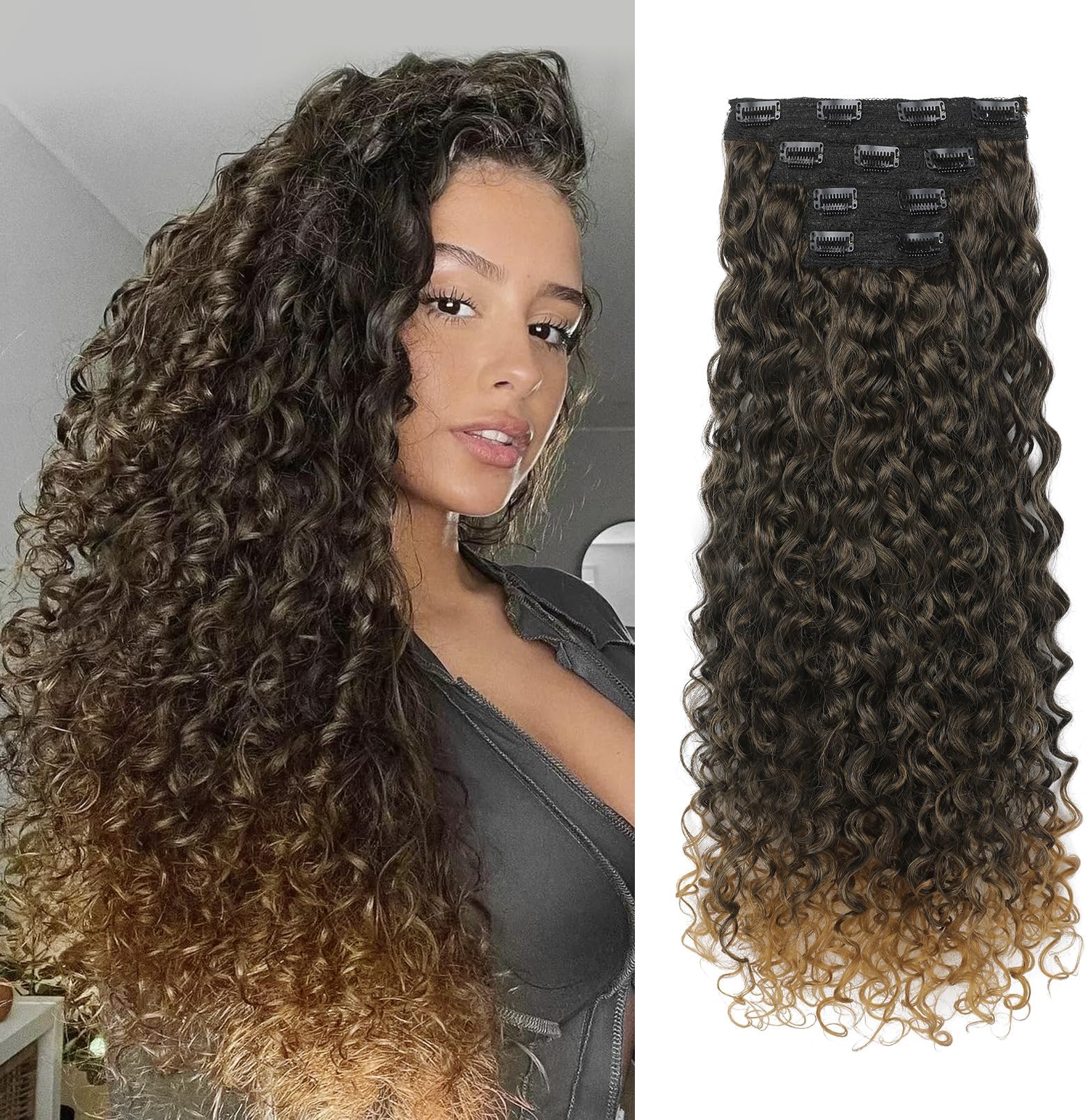 LONAI 4PC Clip in Hair Extensions, 100％ Pure Protein Silk Curly Hair Extension for Women, 26 Inch Long Soft Natural Hair Extensions-Brown to Dirty Blonde