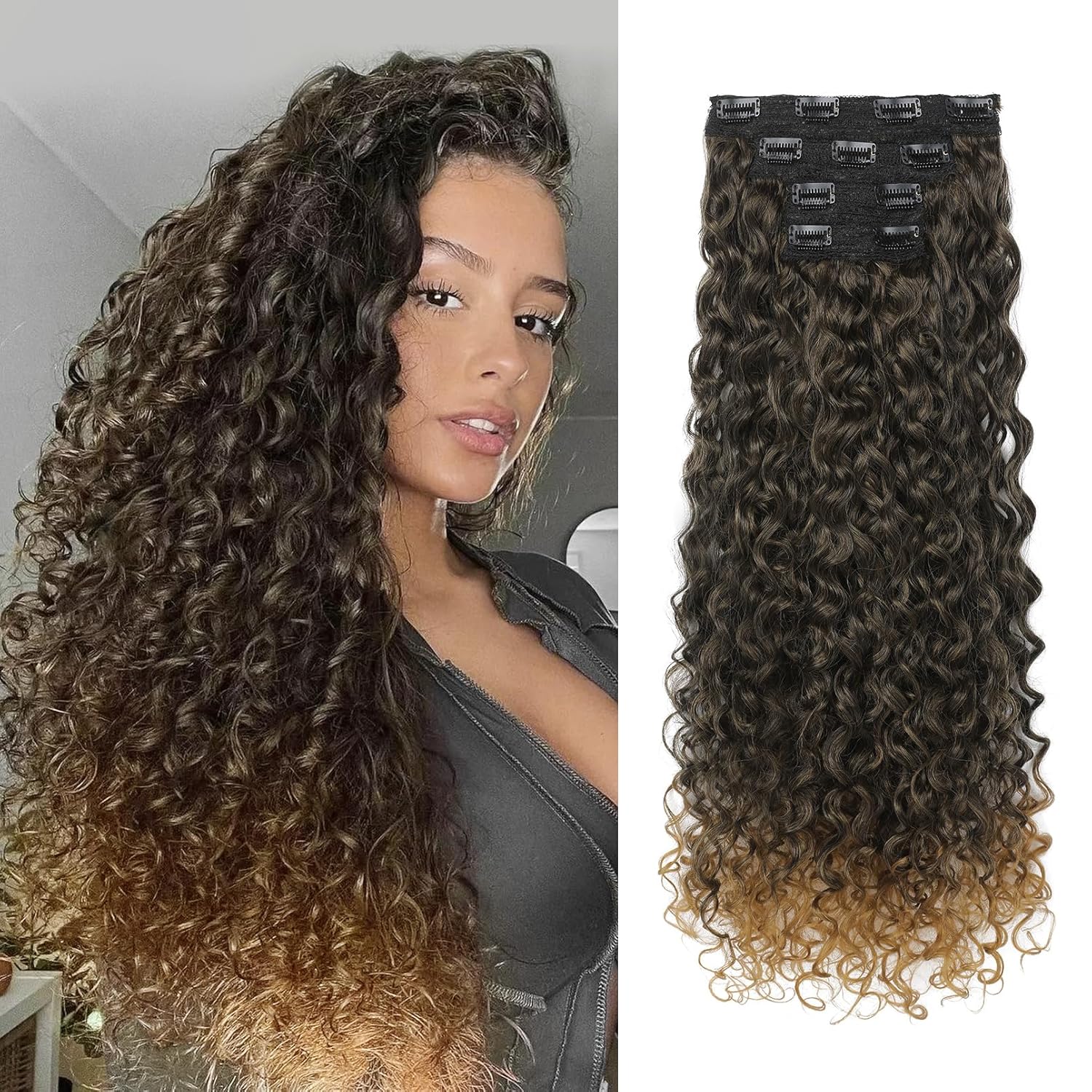 LONAI 4PC Clip in Hair Extensions, 100% Pure Protein Silk Curly Hair Extension for Women, 26 Inch Long Soft Natural Hair Extensions-Brown to Dirty Blonde