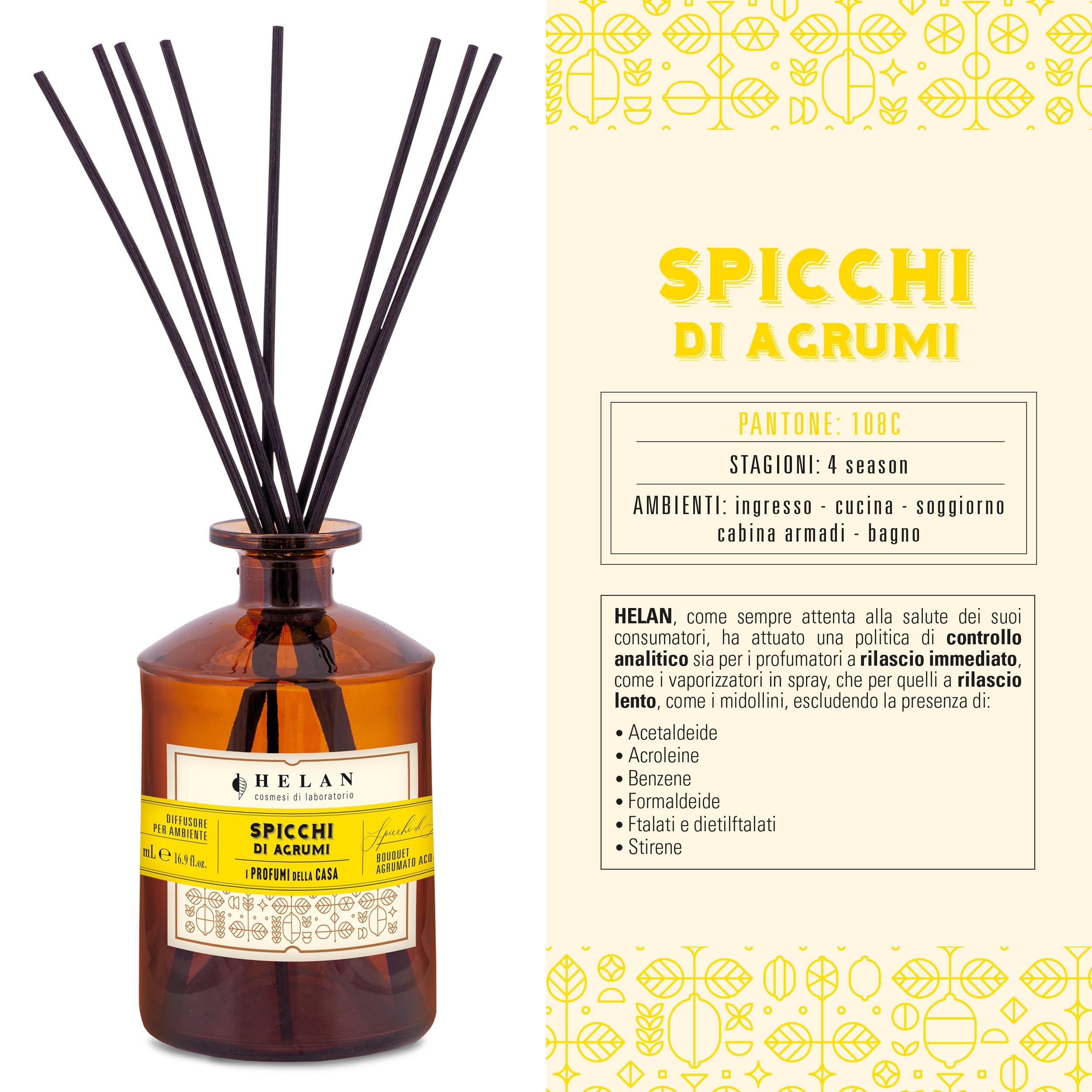 Helan Citrus Slices – Lufterfrischer, Raumduft mit Diffusorstäbchen aus Rattan mit süßen Orangennoten – Geschenkidee Lufterfrischer, 500 ml – Made in Italy