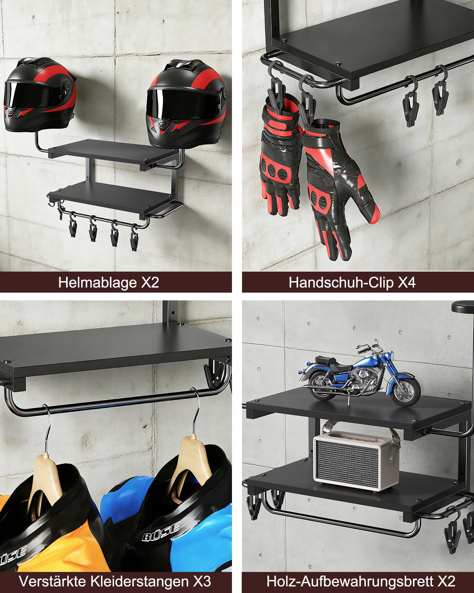 Motorradhelm Halterung Wand für 2 Helme, Motorrad Garderobe Wand mit Kleiderbügel und Haken, 30 kg Tragfähigkeit, geeignet für Fahrrad und Skihelme (Schwarz)