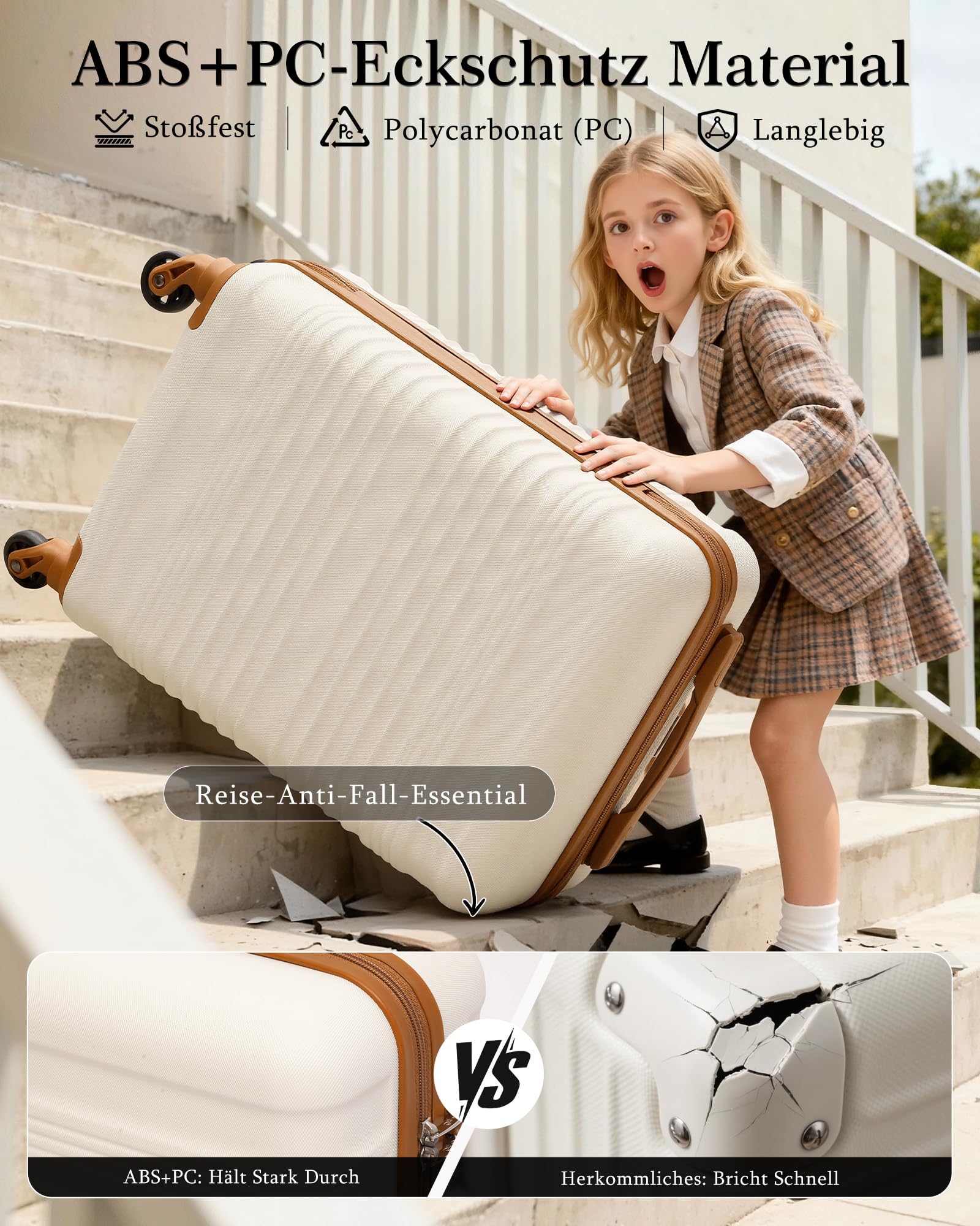 COOLIFE Maleta de cabina 55 x 35 x 20 cm para Ryanair, equipaje de mano, ligero, con candado TSA y 4 ruedas giratorias, blanco/marrón, 55X35X20cm -Set 2tlg