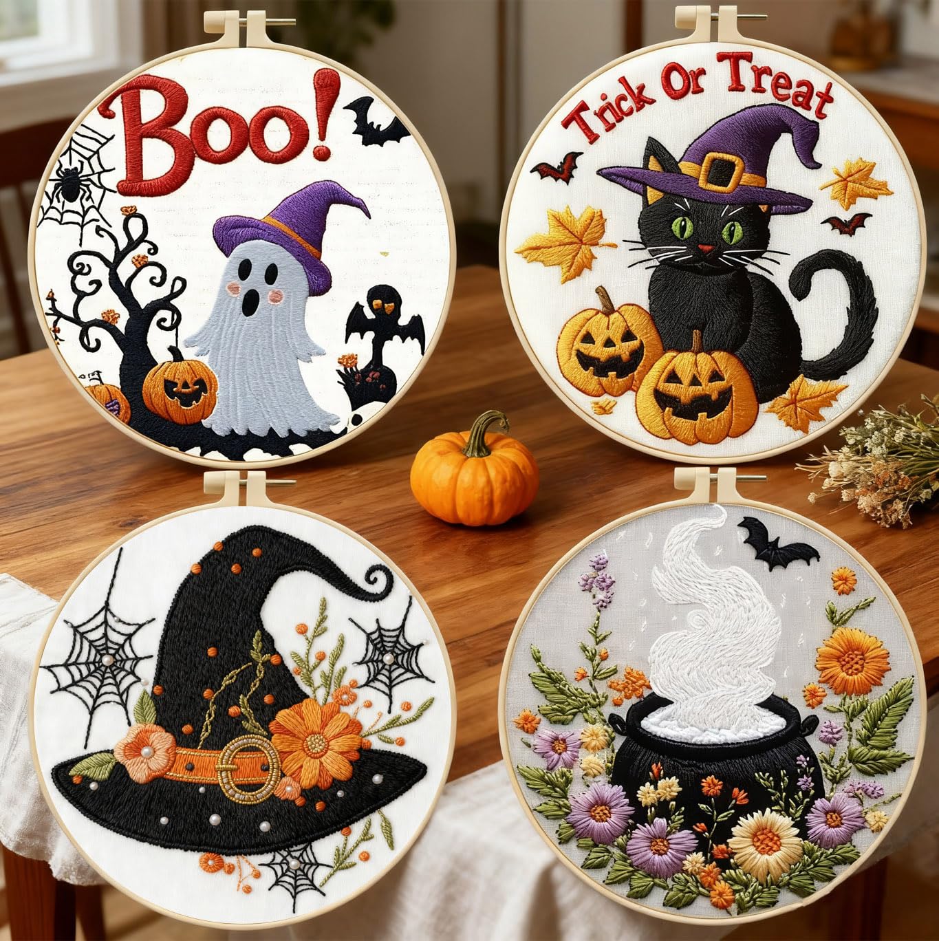 Zhenqing 4-Piece Halloween Embroidery Kit for Beginners - Spooky Ghost, Witch Hat, Black Cat &amp; Cauldron Designs with Pre-Printed 29x29cm Cotton Fabric, Hoop, Threads &amp; Tools(C0165)
