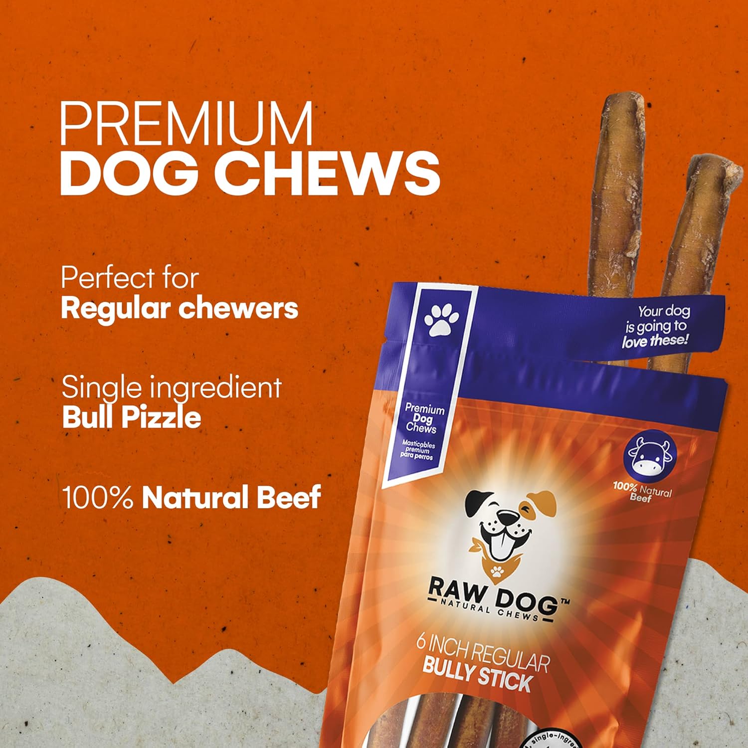 Raw Dog Bully Sticks All-Natural Dog Treats, 6IN Regular Size, 7pk - Premium Odor Free Dog Chews, 100% Beef, Grass Fed, Non-GMO