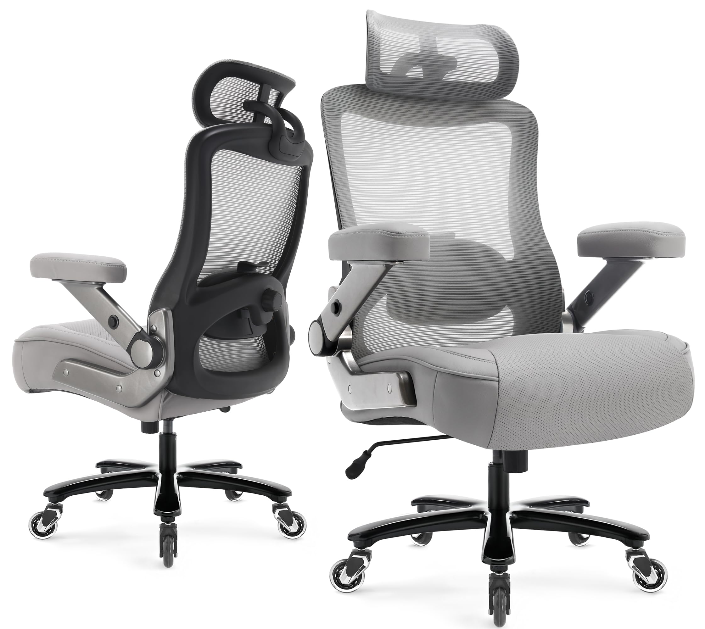 600lbs Big and Tall Office Chair- Heavy Duty Executive Computer Chair with 3D Flip Arms Large Wheels, Ergonomic Mesh High Back Desk Chair, Extra Wide