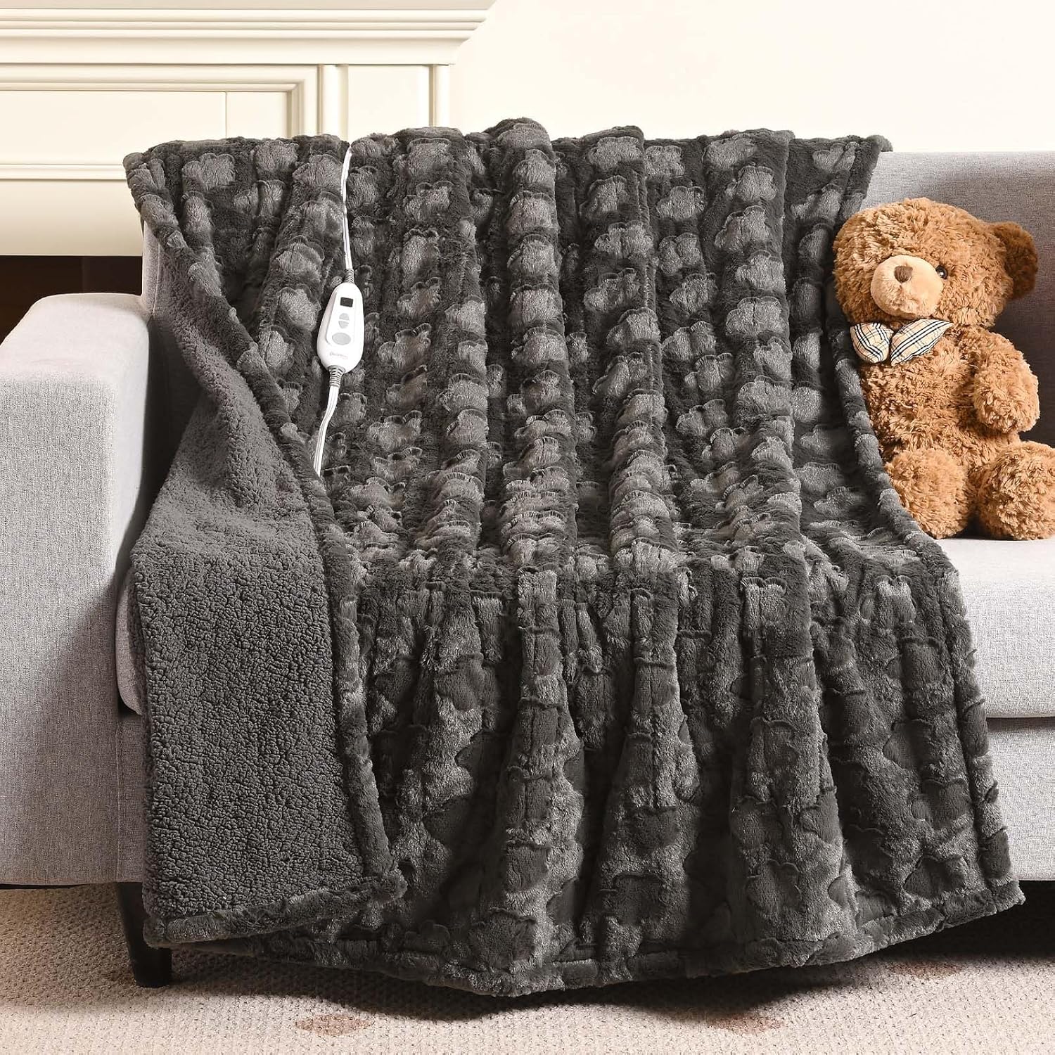 Bearhug Heated Throw Blanket, 50"×60" Electric Throw, Grey Flower Patterns Faux Fur & Warm Sherpa, 4h Auto-Off Timer & 6 Heating Levels,ETL Certified, Machine Washable, Gift Box