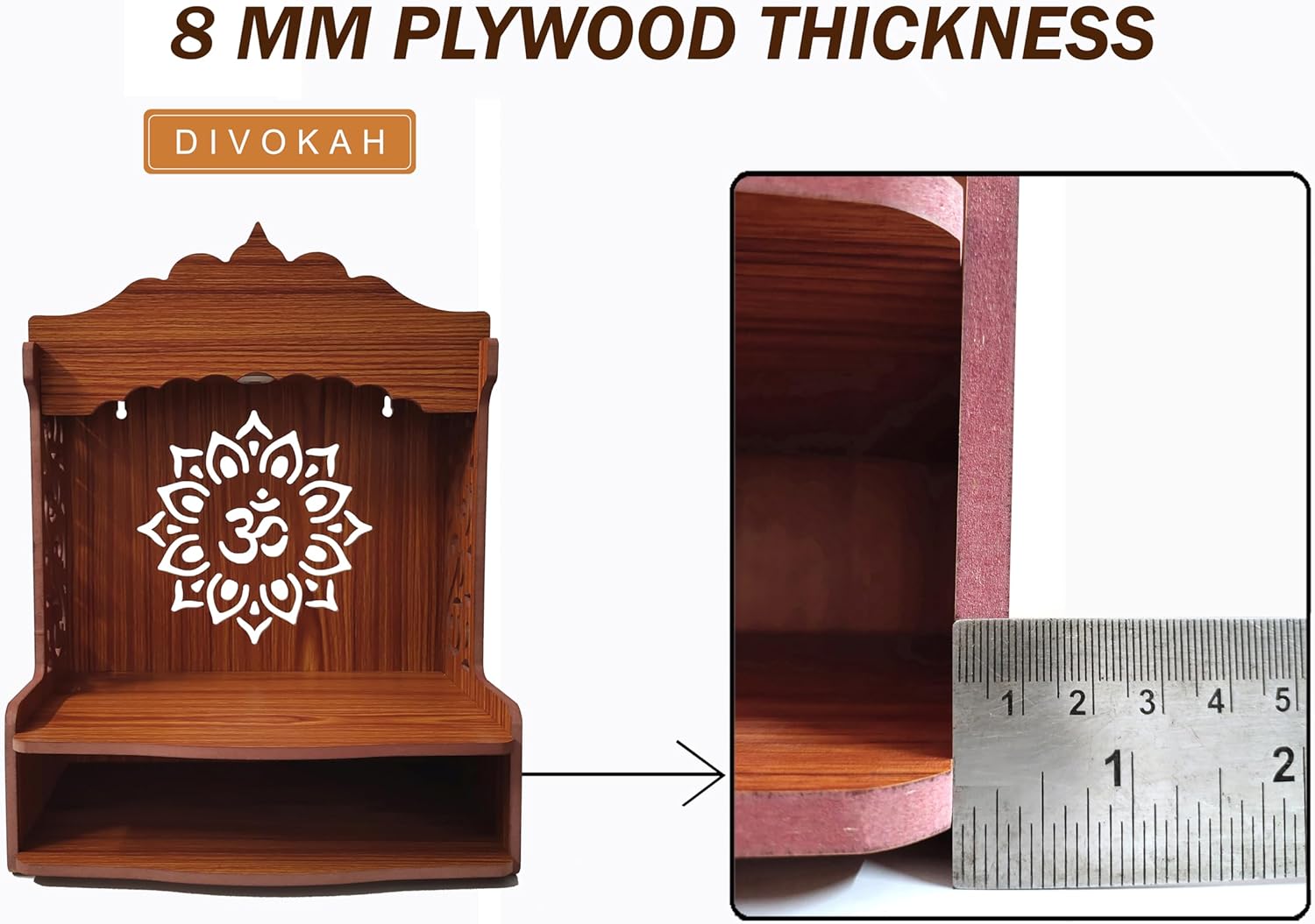 DIVOKAH® Beautiful Wooden Pooja Mandir for Home/Temple for Home and Office/Puja Mandir/Puja Stand/Pooja Mandapam with LED Spot Light (8 MM Plywood Thickness) LEDOMF