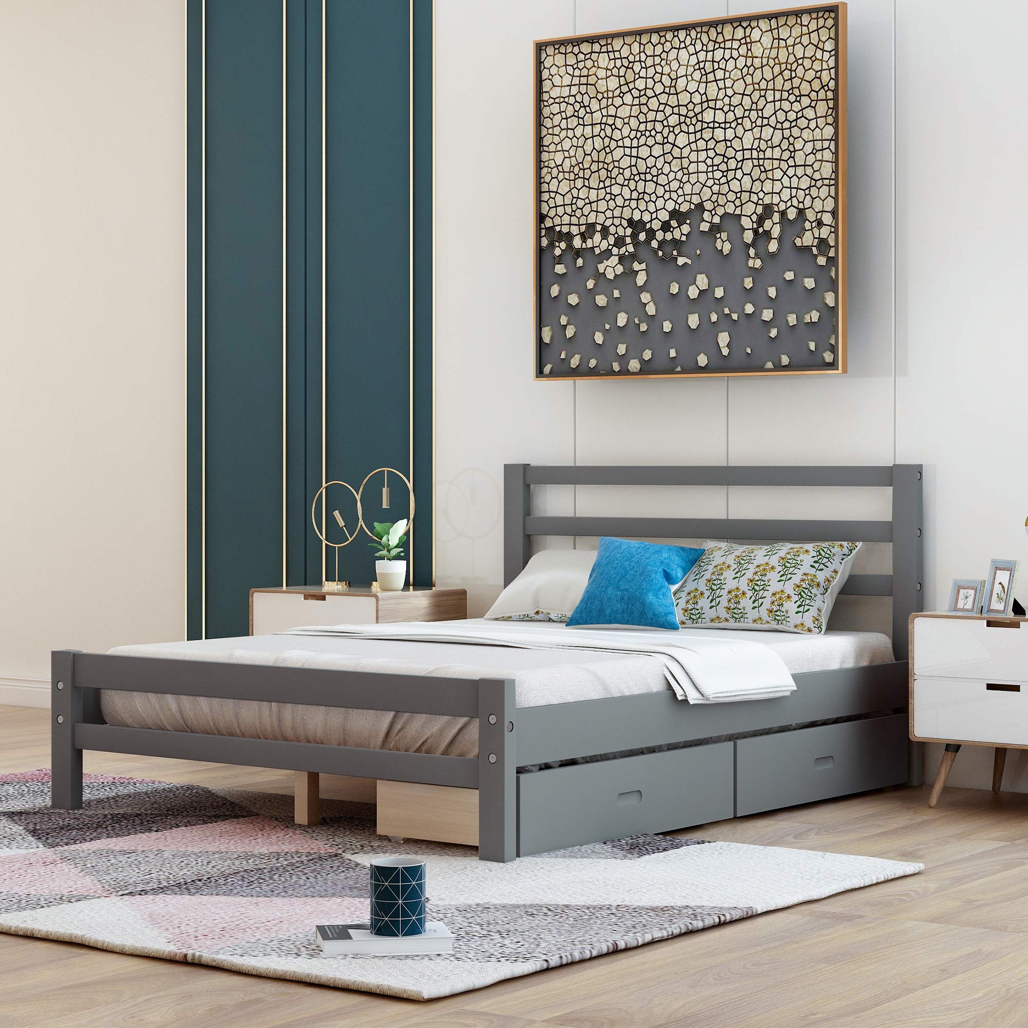 Buy Wood Platform Bed with Two Drawers, Full, Solid Wood Platform Bed